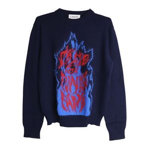 Lanvin Flame Slogan Intarsia-Knit Jumper In Navy Blue Wool